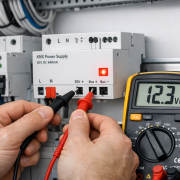 KNX Buslinie Kurzschluss lokalisieren: Systematische Fehlersuche mit Multimeter – KNX Netzteil Kurzschluss Diagnose mit Multimeter und roter LED Fehleranzeige