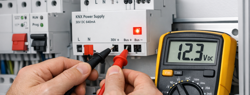 KNX Buslinie Kurzschluss lokalisieren: Systematische Fehlersuche mit Multimeter – KNX Netzteil Kurzschluss Diagnose mit Multimeter und roter LED Fehleranzeige