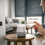 Rolläden per Google Home steuern ohne Umbau – Moderne Wohnzimmer-Szene mit elektrischen Rolläden und Google Home Sprachsteuerung