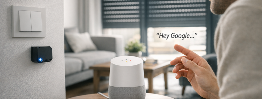 Rolläden per Google Home steuern ohne Umbau – Moderne Wohnzimmer-Szene mit elektrischen Rolläden und Google Home Sprachsteuerung