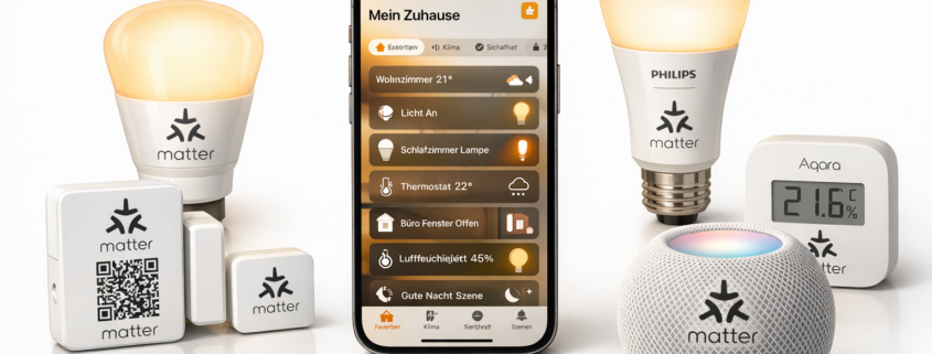 Matter Geräte kaufen: Worauf achten beim Smart Home Einkauf – Matter-zertifizierte Smart Home Geräte mit QR-Codes und Smartphone mit Home App