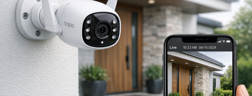 Überwachungskamera zuhause einrichten - Schritt für Schritt – Überwachungskamera an Hauswand montiert mit Smartphone Live-Übertragung für Heimsicherheit