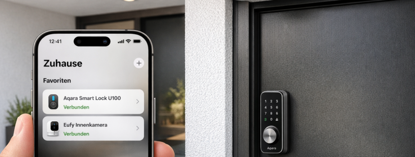 HomeKit Sicherheit: Türschloss und Kamera einrichten – HomeKit Türschloss und Kamera Setup an moderner Haustür mit iPhone Home-App Steuerung