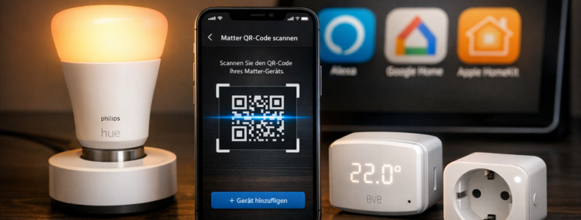 Smart Home Probleme lösen: Matter Geräte funktionieren nicht – Matter Smart Home Setup mit Smartphone QR-Code Scanner und verschiedenen kompatiblen Geräten