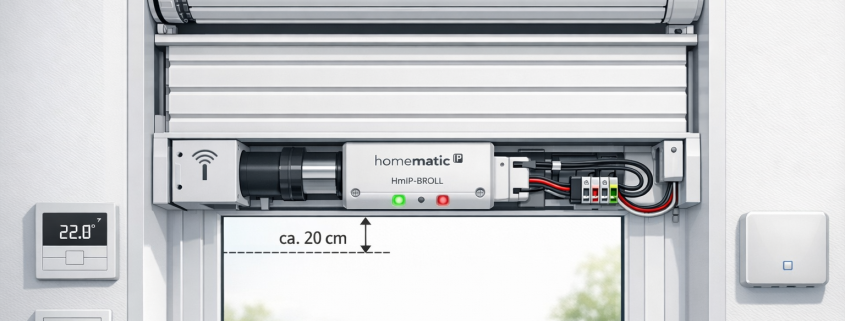 Homematic IP Rolladen fährt nicht vollständig hoch lösen – Homematic IP Rollladenmotor Homematic IP Rolladenmotor HmIP-BROLL mit teilweise geöffnetem Rolladen zeigt typisches Positionierungsproblem