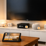 HomeKit Automation: Tagesabläufe automatisieren – Apple TV 4K als HomeKit Hub in modernem Wohnzimmer mit verschiedenen Smart Home Geräten