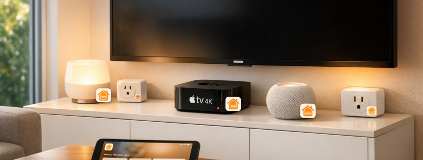 HomeKit Automation: Tagesabläufe automatisieren – Apple TV 4K als HomeKit Hub in modernem Wohnzimmer mit verschiedenen Smart Home Geräten