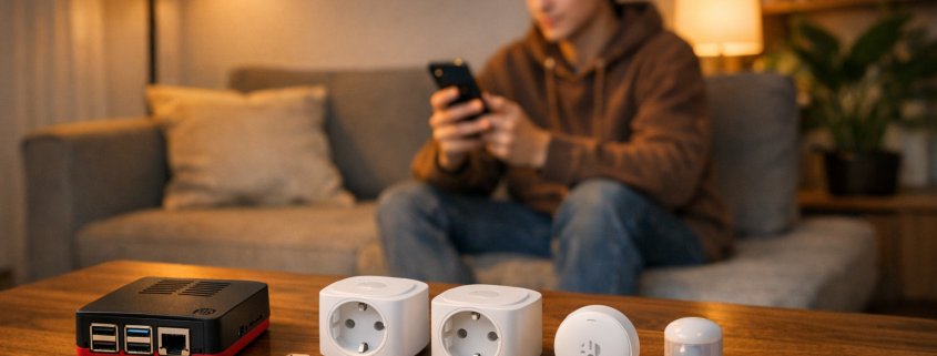 Smart Home Sprachsteuerung in Mietwohnung ohne bauliche Änderungen – Smart Home Setup in Mietwohnung mit Raspberry Pi, Zigbee-Stick und smarten Steckdosen auf Wohnzimmertisch