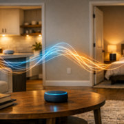 Musik im ganzen Haus per Sprachbefehl abspielen – Smart Speaker Multi-Room Setup in modernem Zuhause mit vernetzten Lautsprechern in verschiedenen Räumen