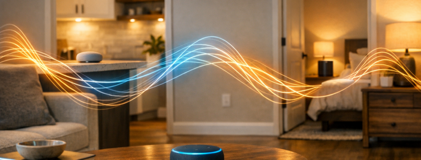 Musik im ganzen Haus per Sprachbefehl abspielen – Smart Speaker Multi-Room Setup in modernem Zuhause mit vernetzten Lautsprechern in verschiedenen Räumen