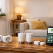 Smart Home ohne Bohren: Mieterfreundliche Lösungen 2026 – Smart Home Geräte ohne Bohren in moderner Mietwohnung - Steckdosen, Thermostate und Sensoren auf Couchtisch