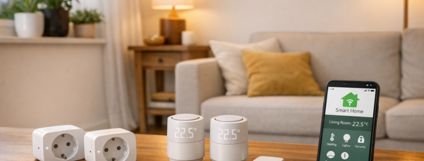 Smart Home ohne Bohren: Mieterfreundliche Lösungen 2026 – Smart Home Geräte ohne Bohren in moderner Mietwohnung - Steckdosen, Thermostate und Sensoren auf Couchtisch