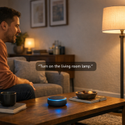 Smart Home Steckdosen per Sprache - Geräte einfach steuern – Smart Home Steckdose wird per Sprachbefehl über Amazon Echo im Wohnzimmer gesteuert