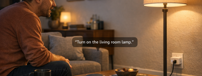 Smart Home Steckdosen per Sprache - Geräte einfach steuern – Smart Home Steckdose wird per Sprachbefehl über Amazon Echo im Wohnzimmer gesteuert