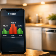 Tibber Stromtarif: Günstiger Strom per App verwalten – Tibber App auf Smartphone zeigt stündliche Strompreise mit grünen günstigen und roten teuren Zeiten