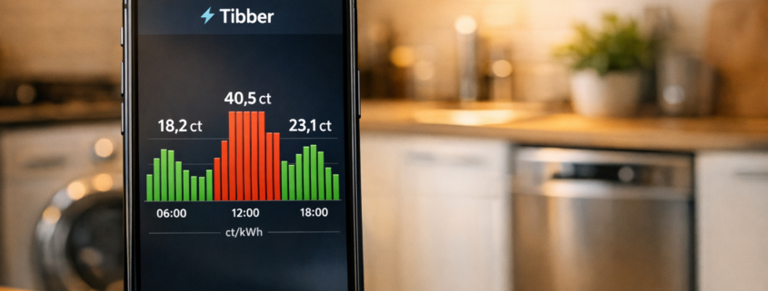 Tibber Stromtarif: Günstiger Strom per App verwalten – Tibber App auf Smartphone zeigt stündliche Strompreise mit grünen günstigen und roten teuren Zeiten