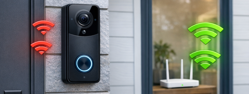 Video-Türklingel bei schlechtem WLAN - So funktioniert es trotzdem – Video-Türklingel mit schwachem WLAN-Signal an Haustür mit Signalstärke-Anzeige