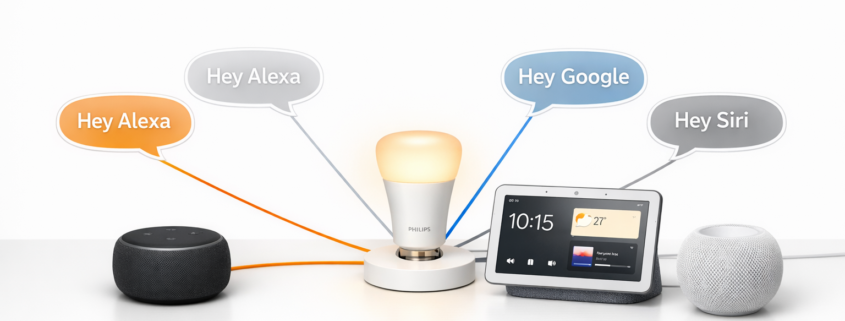 Alexa Google Home Apple zusammen nutzen mit Matter Geräten – Alexa Echo, Google Nest Hub und Apple HomePod steuern gemeinsam eine Matter-kompatible Philips Hue Lampe