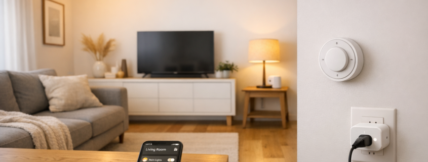 Smart Home in der Mietwohnung ohne Bohren einrichten – Smart Home Setup in moderner Mietwohnung ohne Bohrlöcher mit Philips Hue Lampen und kabellosen Schaltern