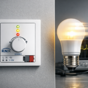 KNX Dimmer verursacht LED-Flackern: Kompatibilität prüfen und beheben – KNX Dimmer mit flackernder LED-Lampe und Oszilloskop zur Diagnose von Kompatibilitätsproblemen