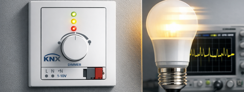 KNX Dimmer verursacht LED-Flackern: Kompatibilität prüfen und beheben – KNX Dimmer mit flackernder LED-Lampe und Oszilloskop zur Diagnose von Kompatibilitätsproblemen