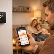 Heizzeiten programmieren und Geld sparen - Anleitung – Familie bedient Smart Thermostat per Smartphone App im modernen Wohnzimmer für programmierbare Heizzeiten