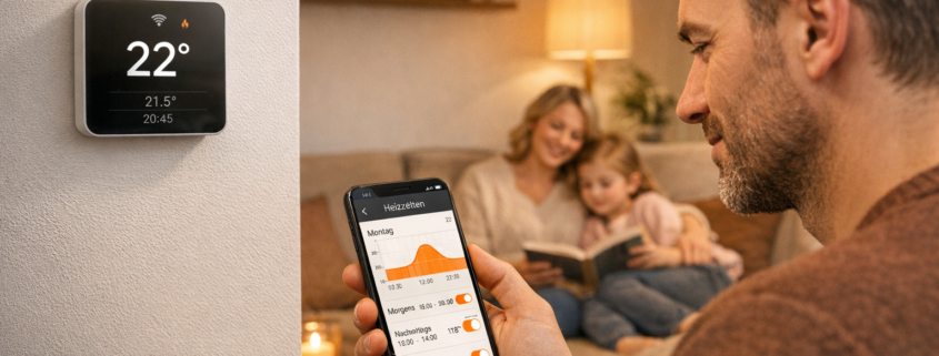 Heizzeiten programmieren und Geld sparen - Anleitung – Familie bedient Smart Thermostat per Smartphone App im modernen Wohnzimmer für programmierbare Heizzeiten