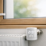 Fenster-Heizungs-Automation: Heizung bei offenem Fenster abschalten – Fenster-Heizungs-Automation mit Fenstersensor und smartem Heizkörperthermostat in modernem Wohnraum