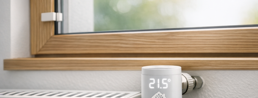 Fenster-Heizungs-Automation: Heizung bei offenem Fenster abschalten – Fenster-Heizungs-Automation mit Fenstersensor und smartem Heizkörperthermostat in modernem Wohnraum