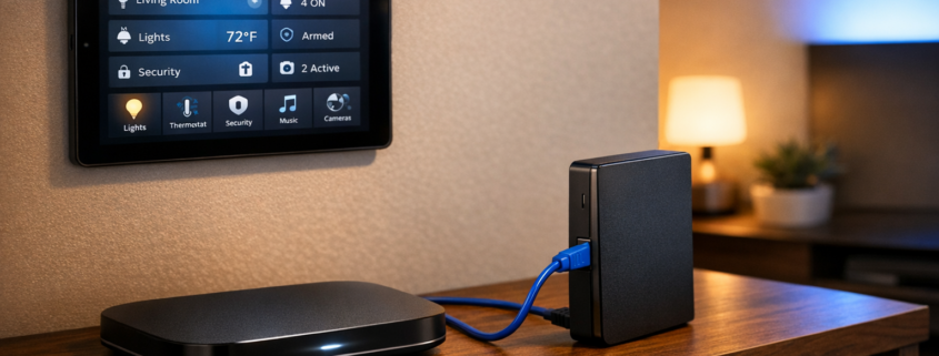 Smart Home Backup und Umzug: Konfiguration sichern – Smart Home Zentrale mit angeschlossener externer Festplatte für Backup-System