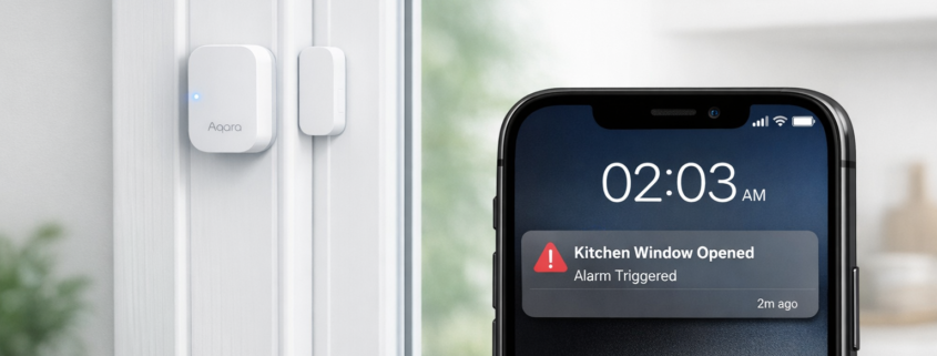 Fenster und Türen Alarm einrichten - Einfach per App überwachen – Aqara Fenster-Türsensor am weißen Fensterrahmen mit Smartphone Push-Benachrichtigung Alarm