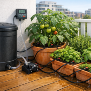 Tropfbewässerung automatisieren: Für Balkon und Terrasse – Automatische Tropfbewässerung auf Balkon mit Wassertank, Pumpe und Tropfschläuchen zwischen Tomatenpflanzen