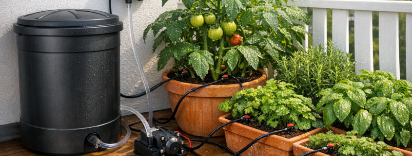 Tropfbewässerung automatisieren: Für Balkon und Terrasse – Automatische Tropfbewässerung auf Balkon mit Wassertank, Pumpe und Tropfschläuchen zwischen Tomatenpflanzen