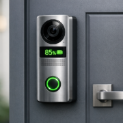 Akku Video-Türklingel: Welche hält am längsten ohne Laden Akku Video-Türklingel - Welche hält am längsten ohne Laden – Akku Video-Türklingel mit Batterieanzeige an moderner Haustür montiert