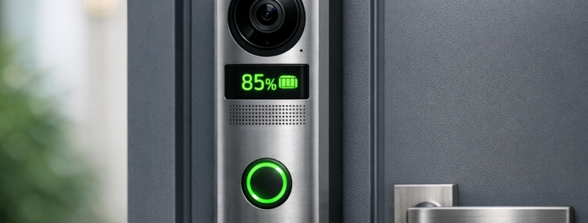 Akku Video-Türklingel - Welche hält am längsten ohne Laden – Akku Video-Türklingel mit Batterieanzeige an moderner Haustür montiert
