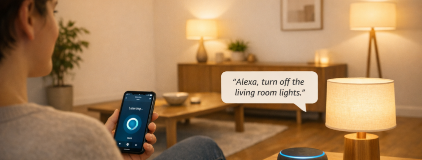 Alexa Licht steuern ohne Elektriker - Einfache Anleitung – Alexa Smart Home Beleuchtung ohne Elektriker - Person steuert WLAN-Lampen per Sprachbefehl