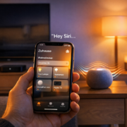 Siri Sprachsteuerung für HomeKit Geräte einrichten – iPhone mit Home-App steuert HomeKit-Geräte per Siri Sprachbefehl im modernen Wohnzimmer