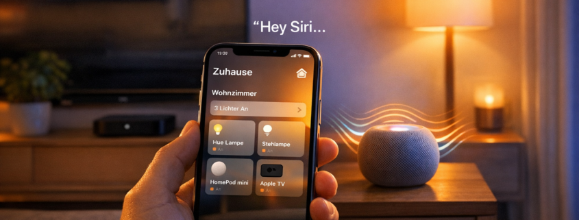 Siri Sprachsteuerung für HomeKit Geräte einrichten – iPhone mit Home-App steuert HomeKit-Geräte per Siri Sprachbefehl im modernen Wohnzimmer