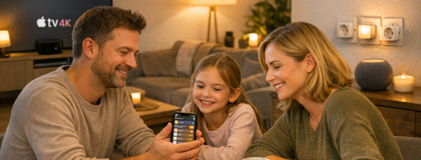 HomeKit in der Mietwohnung: Was ist erlaubt? – Familie bedient HomeKit Smart Home System in moderner Mietwohnung mit Apple TV und Philips Hue
