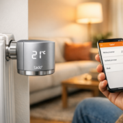 Einzelne Räume smart heizen - Zimmer für Zimmer sparen – Smart Heizkörperthermostat Tado im modernen Wohnzimmer mit Smartphone-App Steuerung
