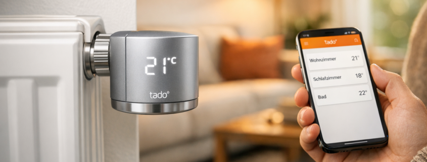 Einzelne Räume smart heizen - Zimmer für Zimmer sparen – Smart Heizkörperthermostat Tado im modernen Wohnzimmer mit Smartphone-App Steuerung