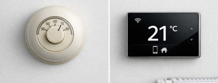 Smartes Thermostat installieren - Schritt für Schritt – Vergleich zwischen altem analogem Thermostat und modernem smarten Thermostat an der Wand