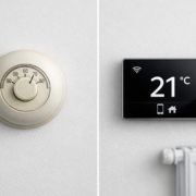 Smartes Thermostat installieren - Schritt für Schritt – Vergleich zwischen altem analogem Thermostat und modernem smarten Thermostat an der Wand