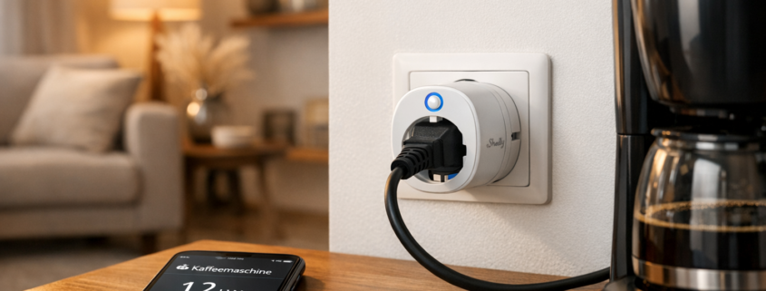 Smarte Steckdosen in der Mietwohnung nutzen – Smarte Steckdose Shelly Plug S in Wandsteckdose mit Smartphone-App zur Steuerung in Mietwohnung