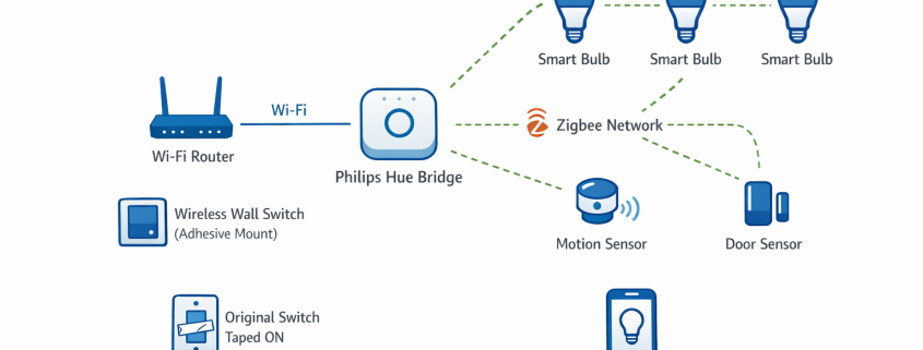 Architektur-Diagramm für smartes Licht ohne Verkabelung mit Zigbee-Netzwerk und kabellosen Schaltern