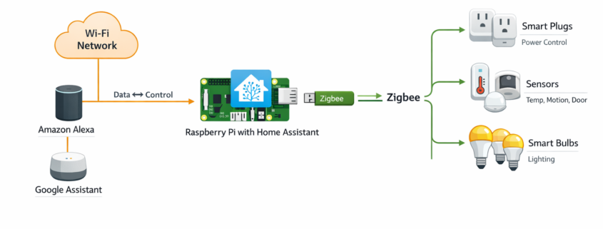 Home Assistant Smart Home Architektur-Diagramm mit Zigbee-Geräten und Sprachsteuerung