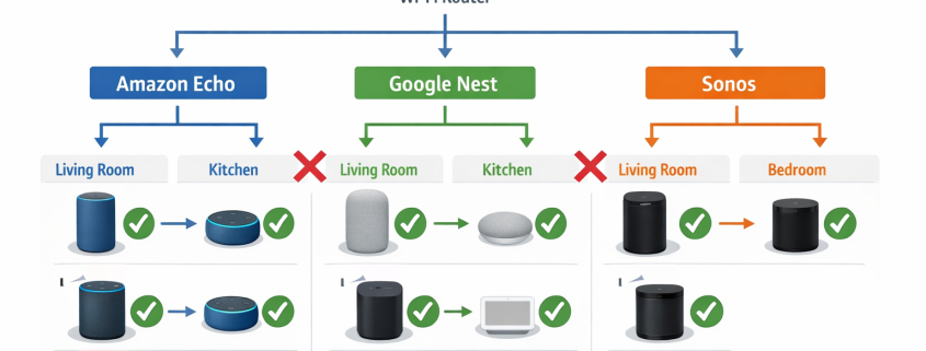 Multi-Room Audio Netzwerk-Diagramm zeigt Kompatibilität zwischen Smart Speaker Marken