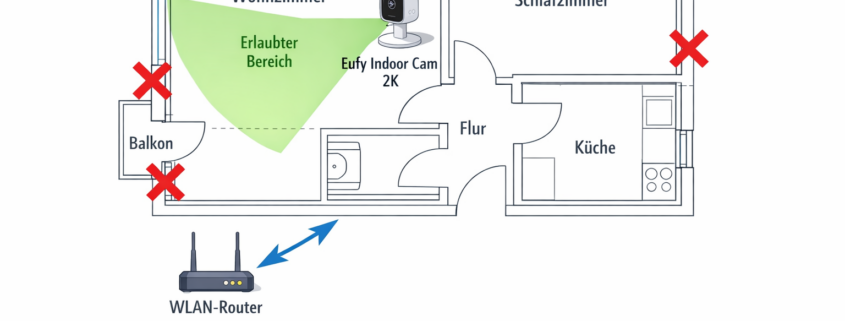 Grundriss-Diagramm zeigt erlaubte Kamera-Positionierung in Mietwohnung mit Überwachungsbereichen