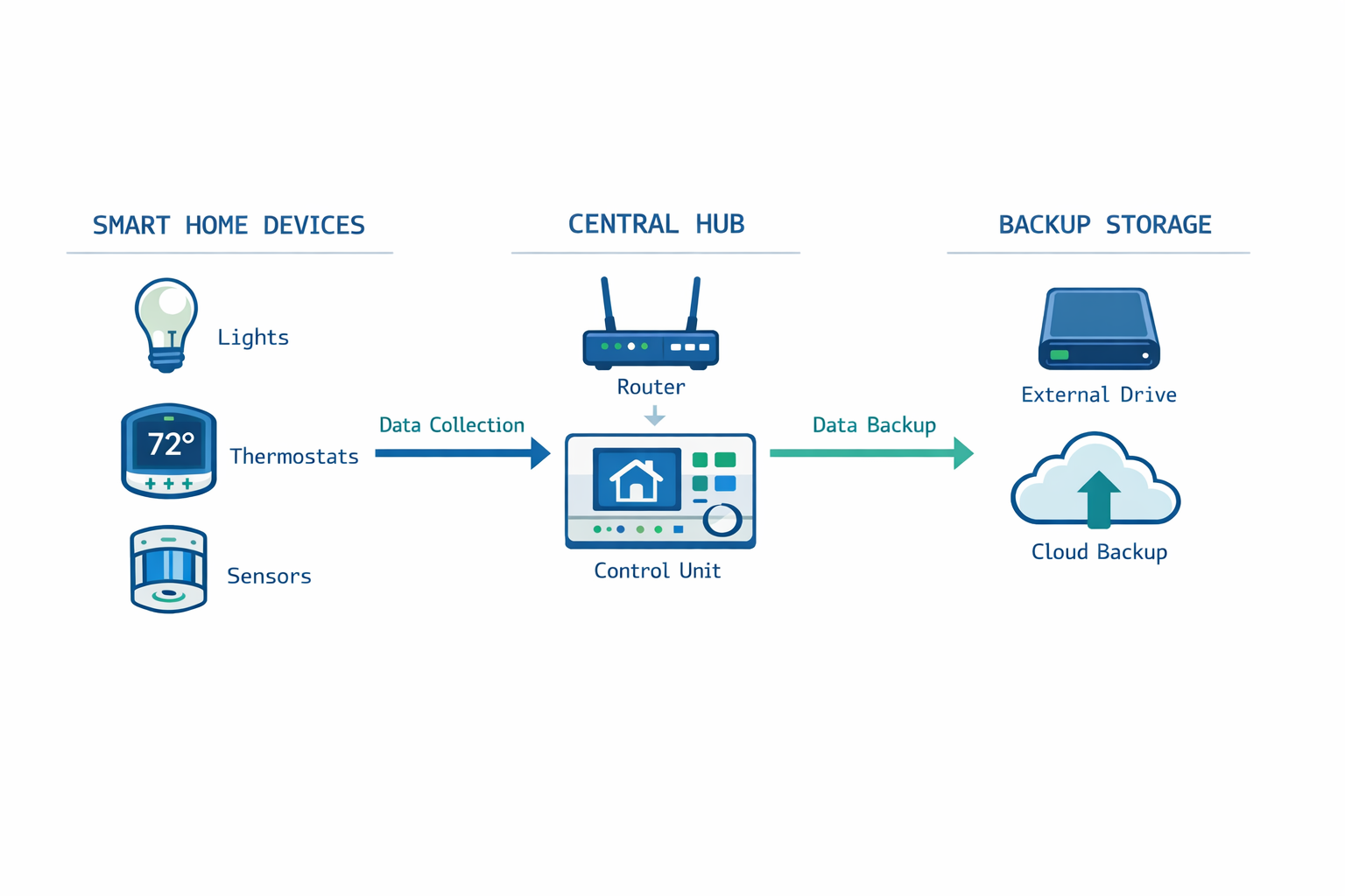 Smart Home Backup Prozess Diagramm mit Datenfluss von Geräten zur Zentrale zum Backup-Speicher