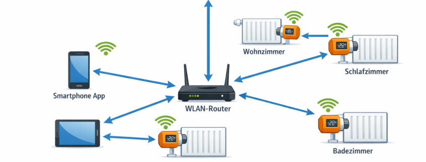 Smart-Home Heizungssteuerungs-Diagramm mit WLAN-Vernetzung und App-Anbindung